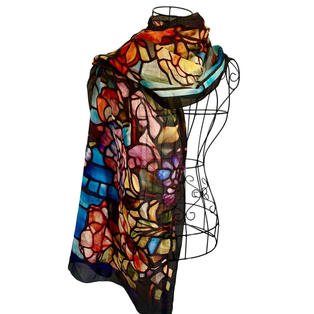 Vintage Signals 100% Silk Stained Glass Multicolor Art Print Scarf Wrap 42 x 76